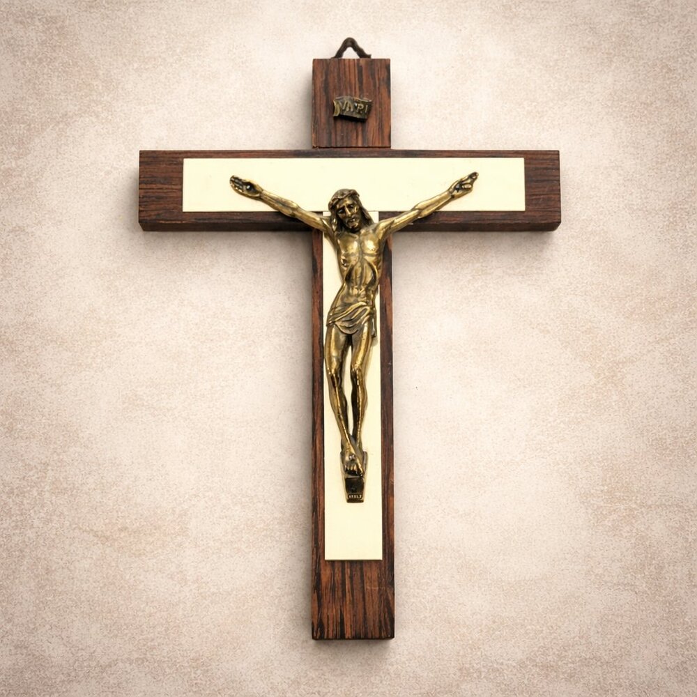 Vintage Italian Crucifix Wall Cross Wood Brass Jesus Mid Century 9” Italy